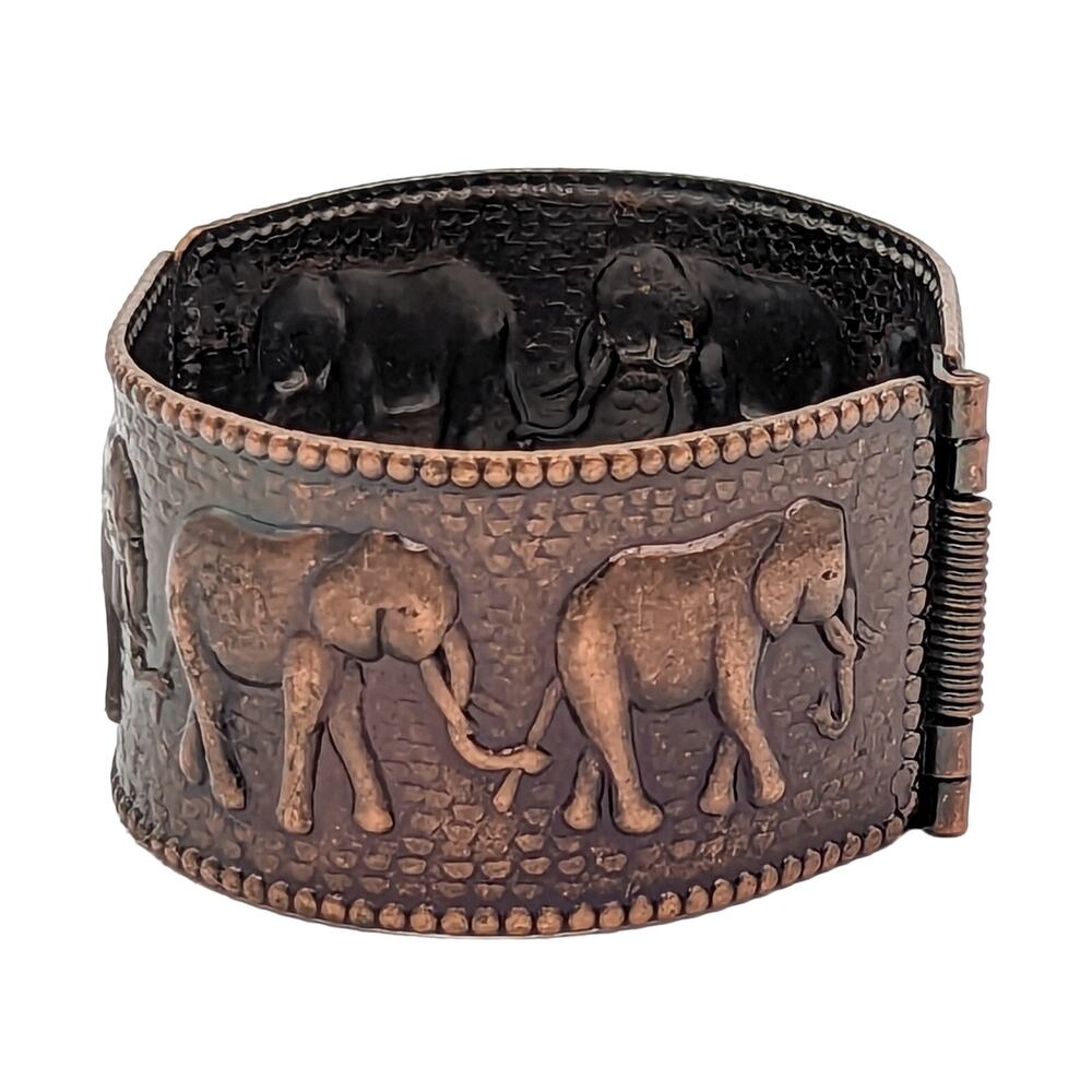 Vintage Copper Elephant Bangle Hinged Wide Bracelet Stamped Metal w Beaded Edge